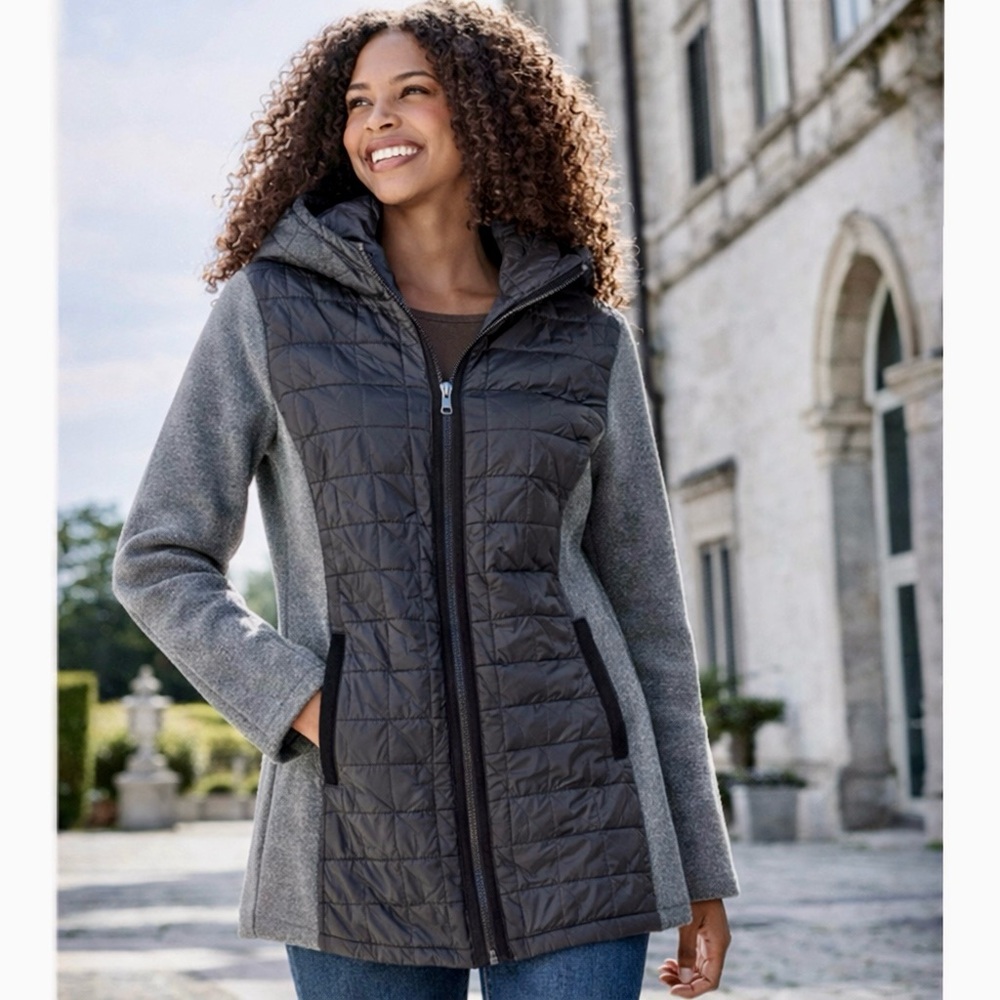 Minimalist Classic Small Hooded Quilted Jacket Gray Hybrid‎ Knit Sleeves